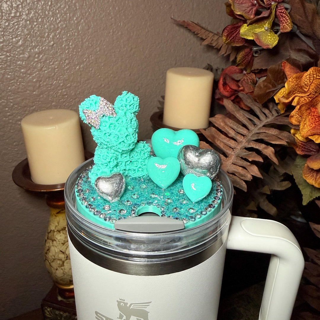 Fancy Rose Bear and Hearts Rhinestone Tumbler Topper fits Stanley Lids, custom color options