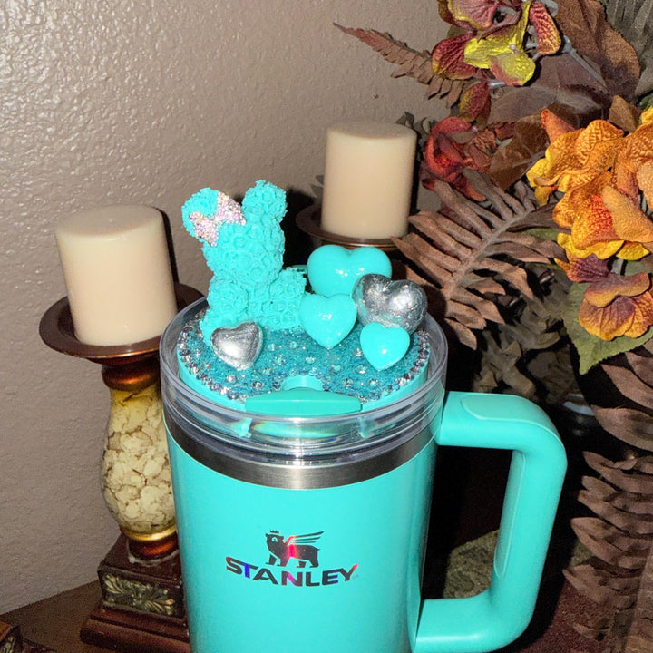 Fancy Rose Bear and Hearts Rhinestone Tumbler Topper fits Stanley Lids, custom color options