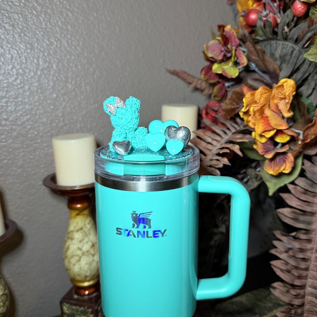 Fancy Rose Bear and Hearts Rhinestone Tumbler Topper fits Stanley Lids, custom color options