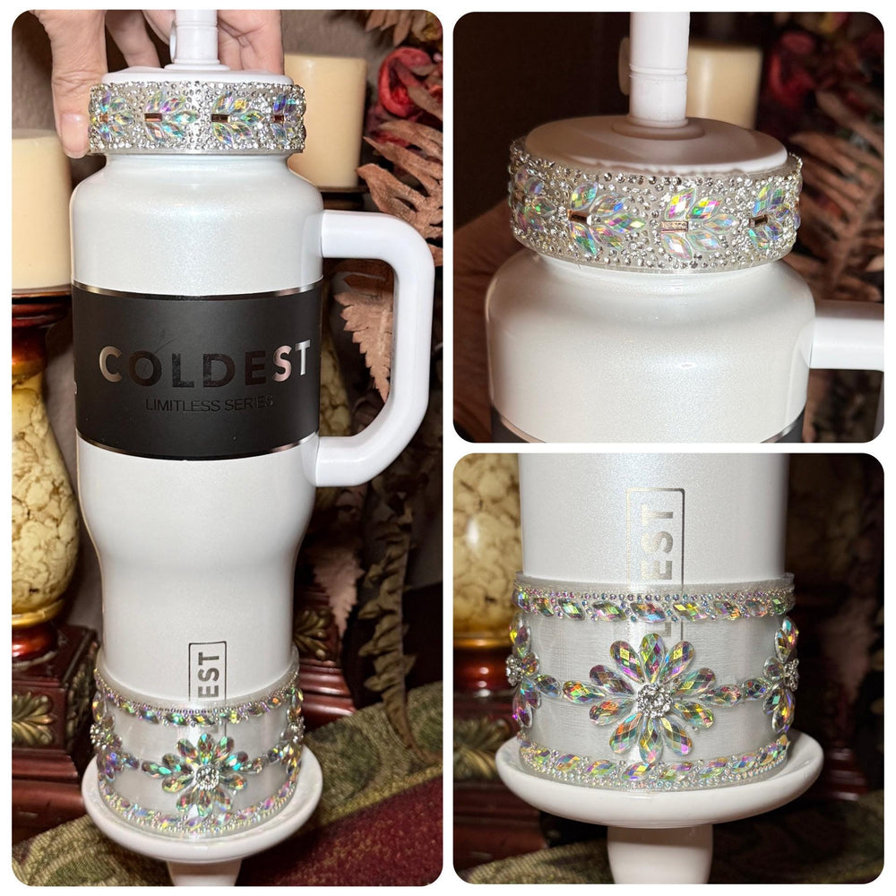 Coldest Flower Flat Fancy Iridescent Rhinestone Tumbler accessories, collar halo boot, fits 36 and 46 oz Coldest tumbler, unique gift