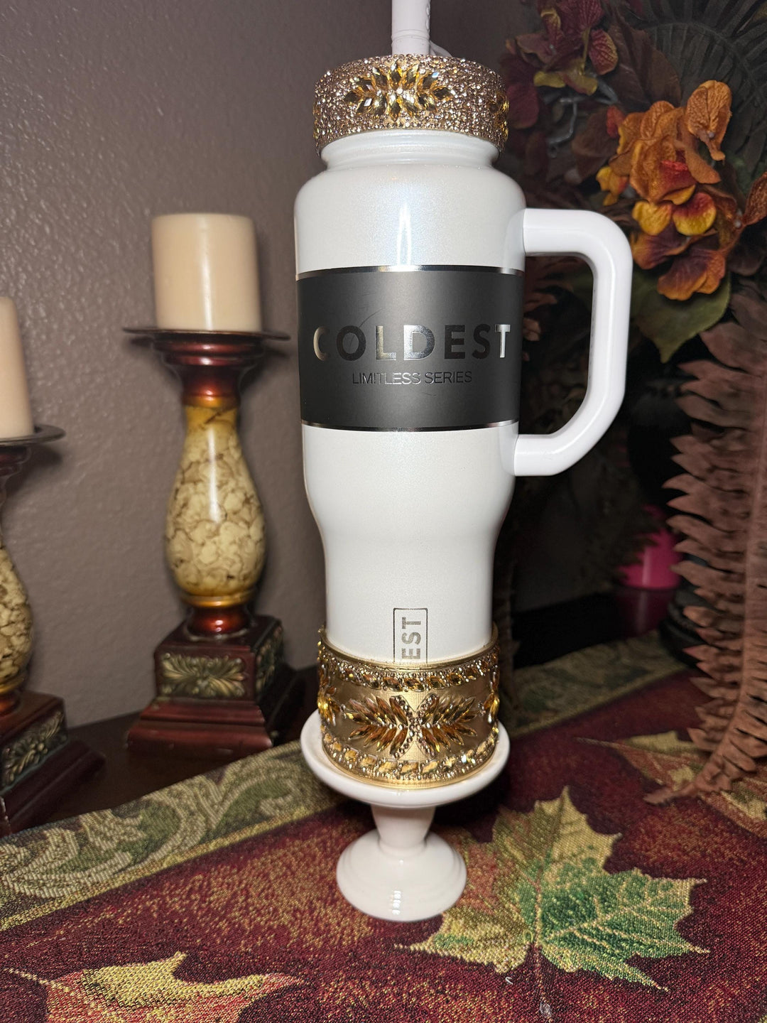 Coldest Gold Flat Fancy Iridescent Rhinestone Tumbler collar halo boot, tumbler accessories, unique gift