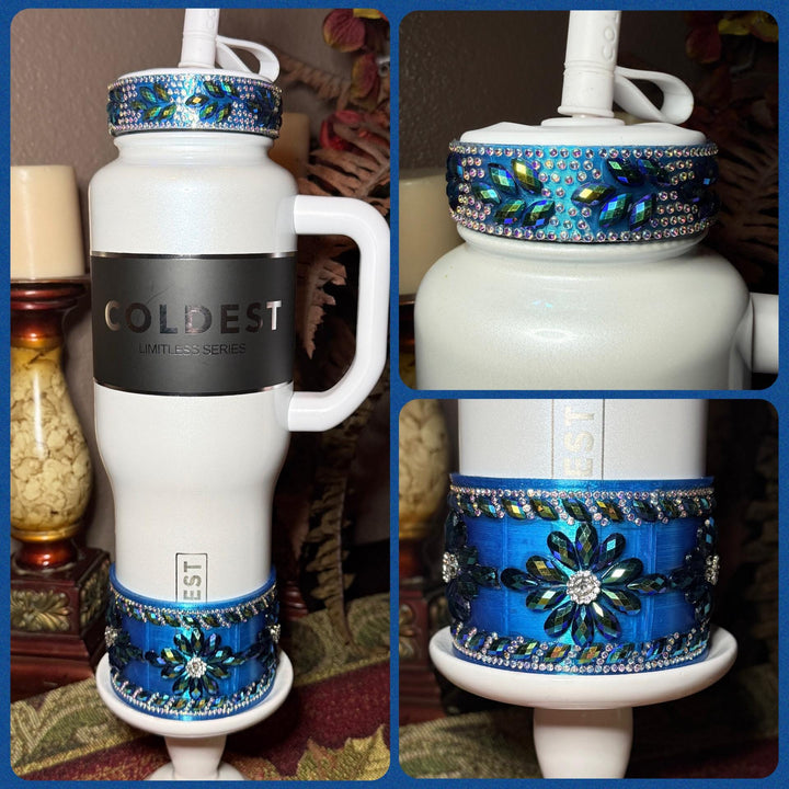 Coldest Blue Flower Flat Fancy Iridescent Rhinestone Tumbler accessories, collar halo boot, fits 24 36 46 oz Coldest tumbler, unique gift