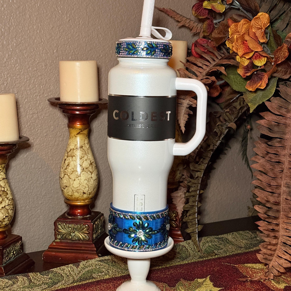 Coldest Blue Flower Flat Fancy Iridescent Rhinestone Tumbler accessories, collar halo boot, fits 24 36 46 oz Coldest tumbler, unique gift