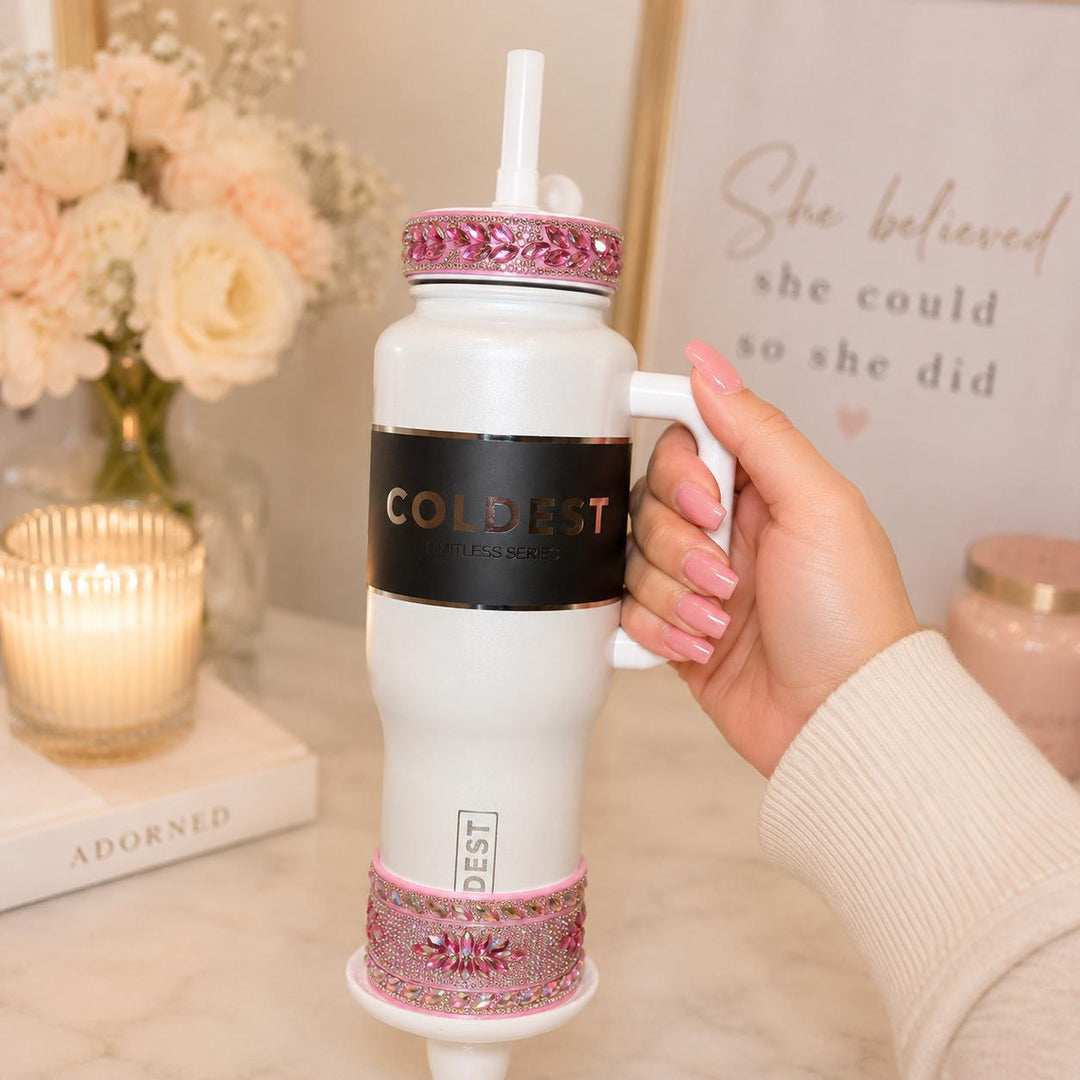Coldest Pink Fancy Iridescent Rhinestone Tumbler accessories, collar or boot, fits 36 and 46 oz Coldest tumbler, unique gift