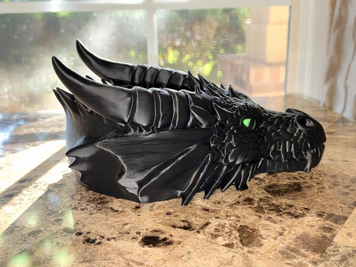 Dragon Head Bowl 3D Printed Green Eye, Gothic Fantasy Dish, Tabletop Gaming Storage, Decor Bowl, Dice Tray Alternative, Mythical Home Accent