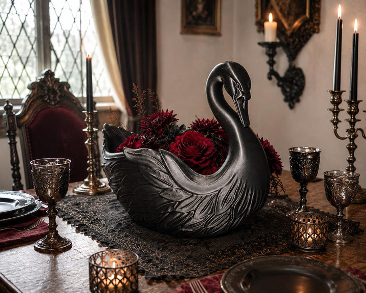 Elegant, mysterious, and functional — this Black Swan centerpiece adds a touch of gothic sophistication to any space.