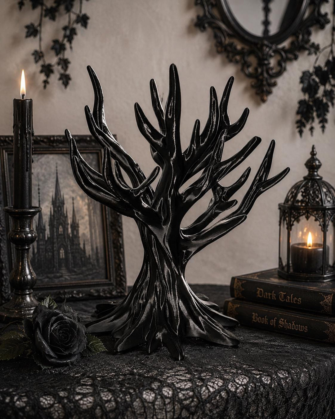 Black Jewelry Tree Display Stand, 3D Printed Jewelry Holder, Gothic Organizer, Necklace & Bracelet Tree, Ring Storage, Vanity Decor