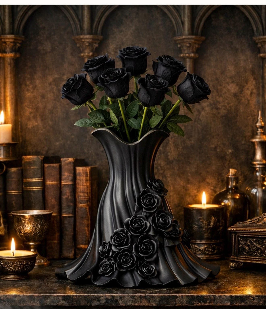 Black Floral Dress Vase, Elegant 3D Printed, Gothic Home Decor, Victorian Planter, Dark Academia Shelf, Halloween Creepy Dark Aesthetic