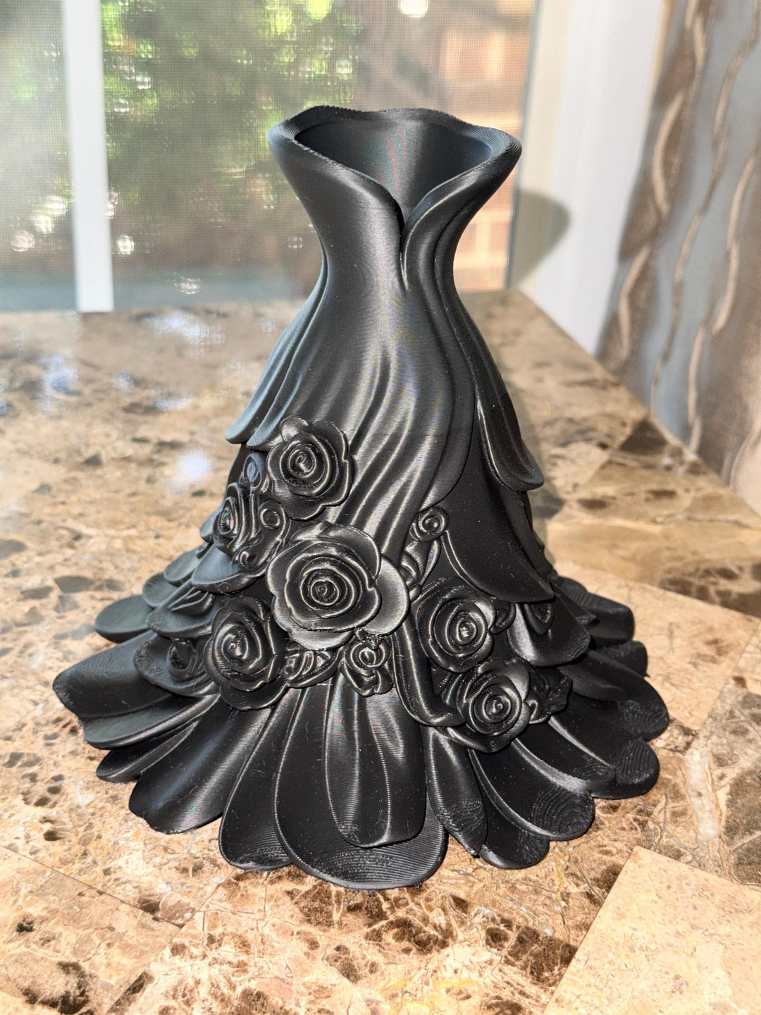 Black Floral Dress Vase, Elegant 3D Printed, Gothic Home Decor, Victorian Planter, Dark Academia Shelf, Halloween Creepy Dark Aesthetic