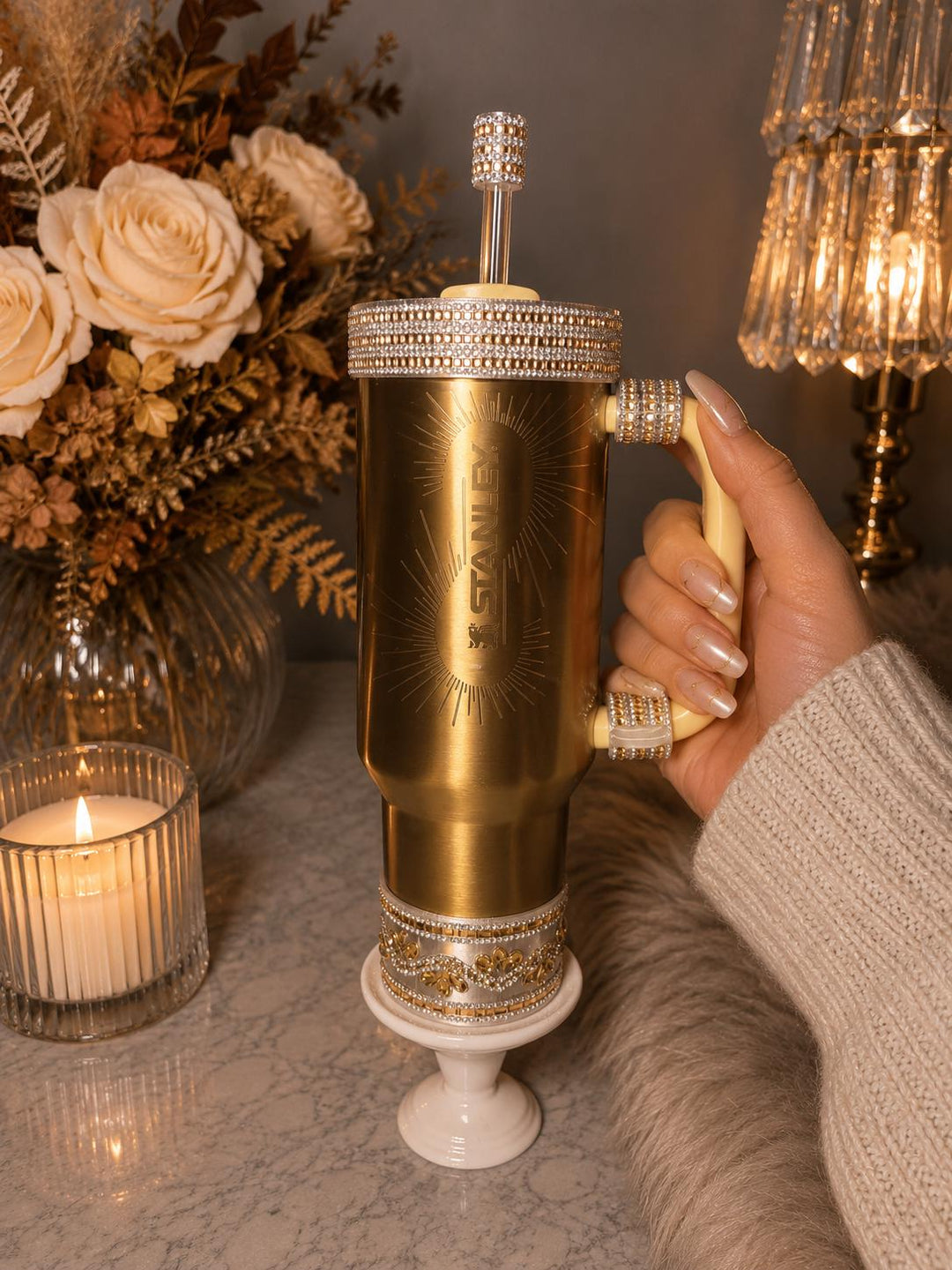 Gold and Siver Flat Fancy Rhinestone Tumbler collar, halo, boot, handle clips, fits Coldest and Stanley, tumbler accessories, unique gift
