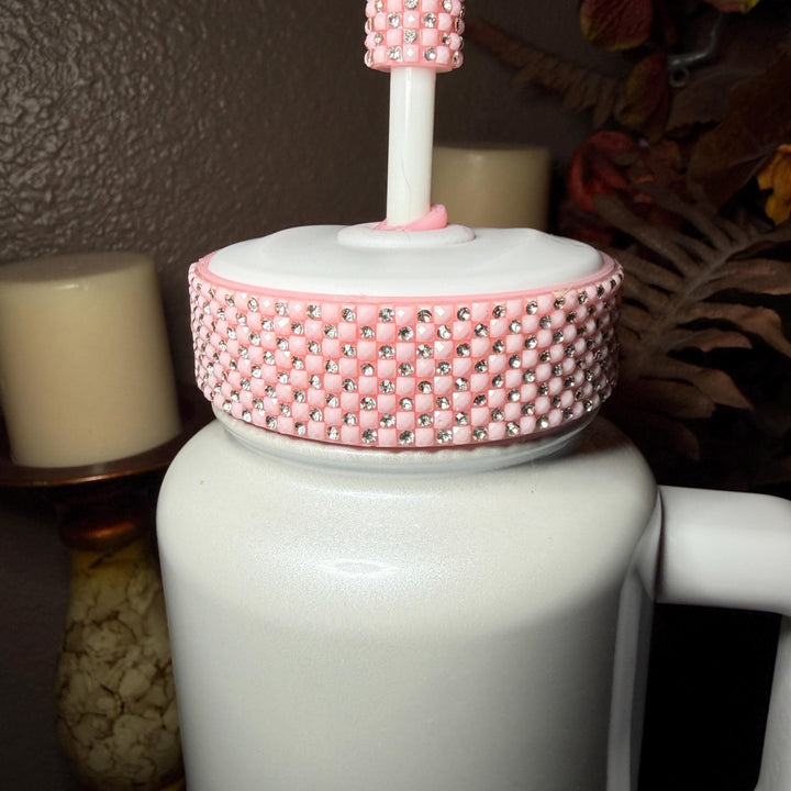Pink and Silver Quilt Flat Fancy Rhinestone Tumbler collar halo boot, fits Stanley and Coldest, tumbler accessories