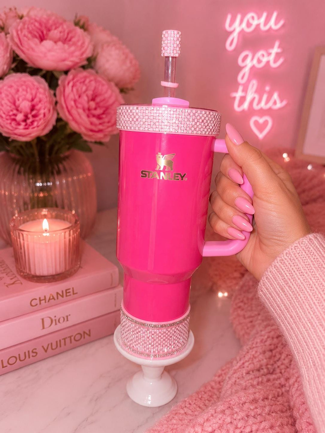Pink and Silver Quilt Flat Fancy Rhinestone Tumbler collar halo boot, fits Stanley and Coldest, tumbler accessories