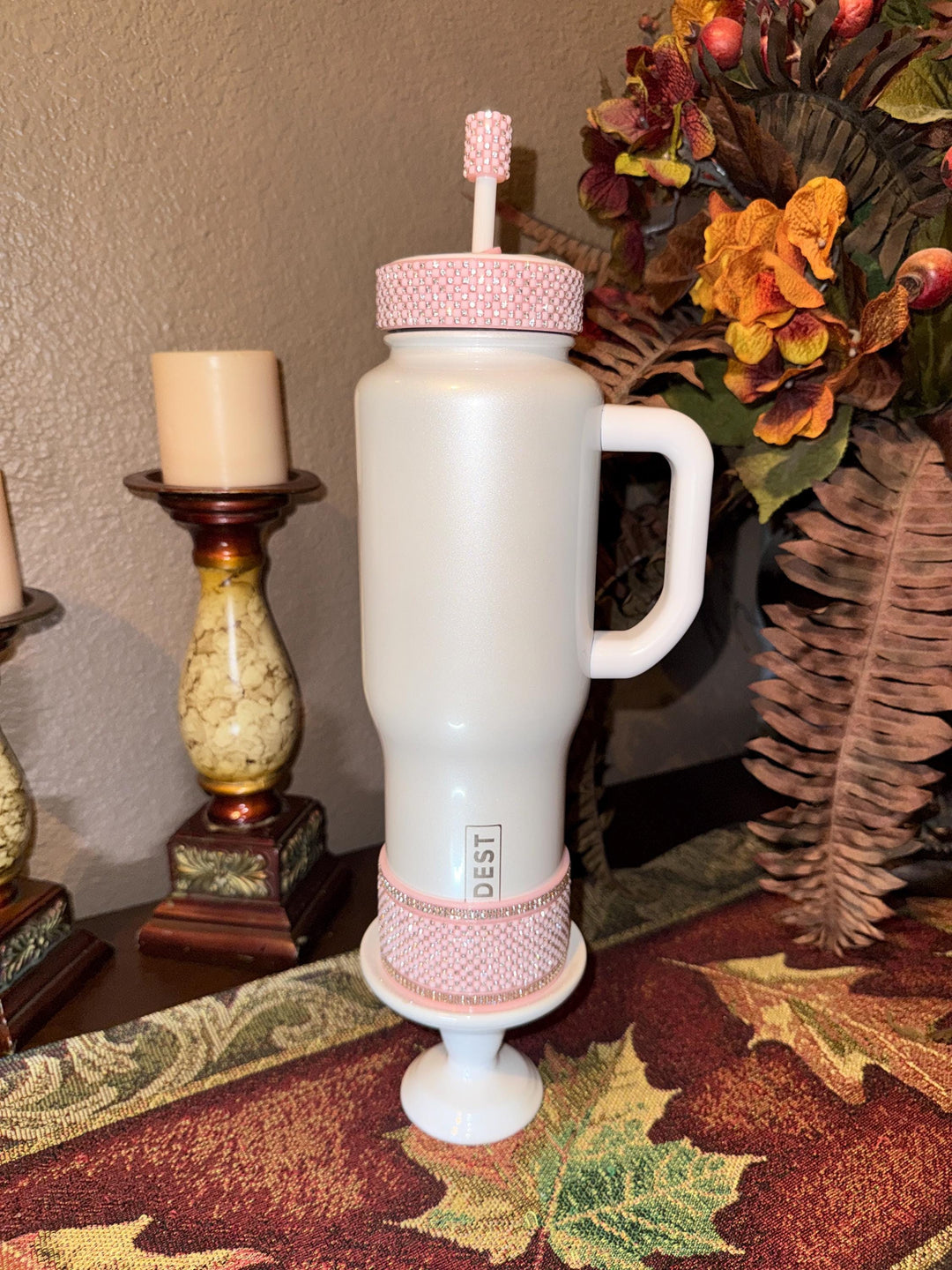Pink and Silver Quilt Flat Fancy Rhinestone Tumbler collar halo boot, fits Stanley and Coldest, tumbler accessories