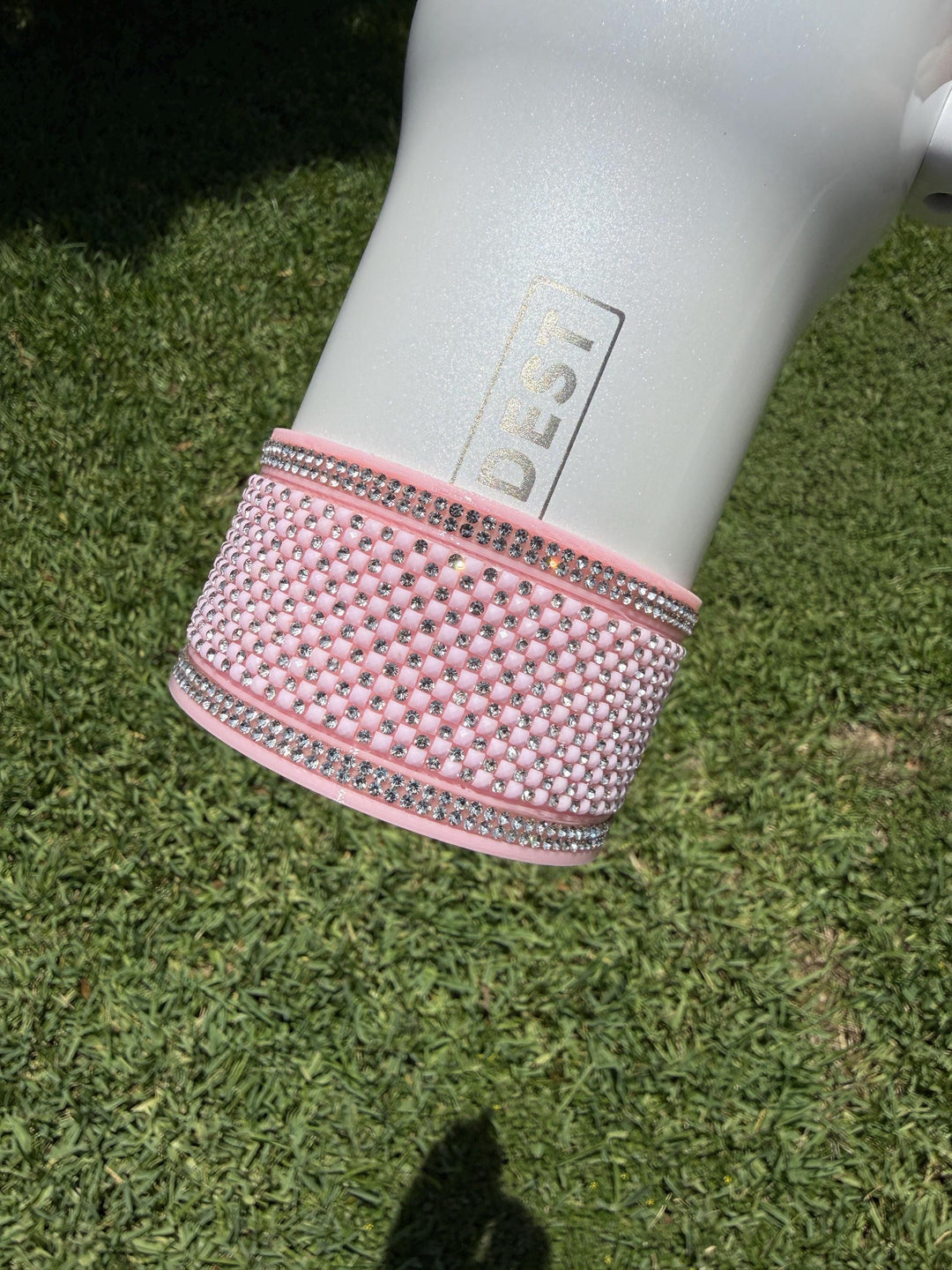 Pink and Silver Quilt Flat Fancy Rhinestone Tumbler collar halo boot, fits Stanley and Coldest, tumbler accessories