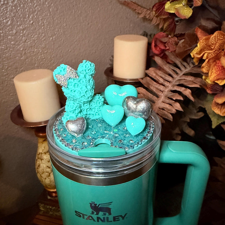 Fancy Rose Bear and Hearts Rhinestone Tumbler Topper fits Stanley Lids, custom color options