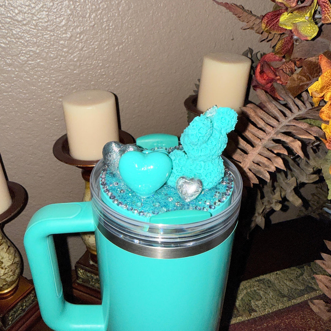 Fancy Rose Bear and Hearts Rhinestone Tumbler Topper fits Stanley Lids, custom color options