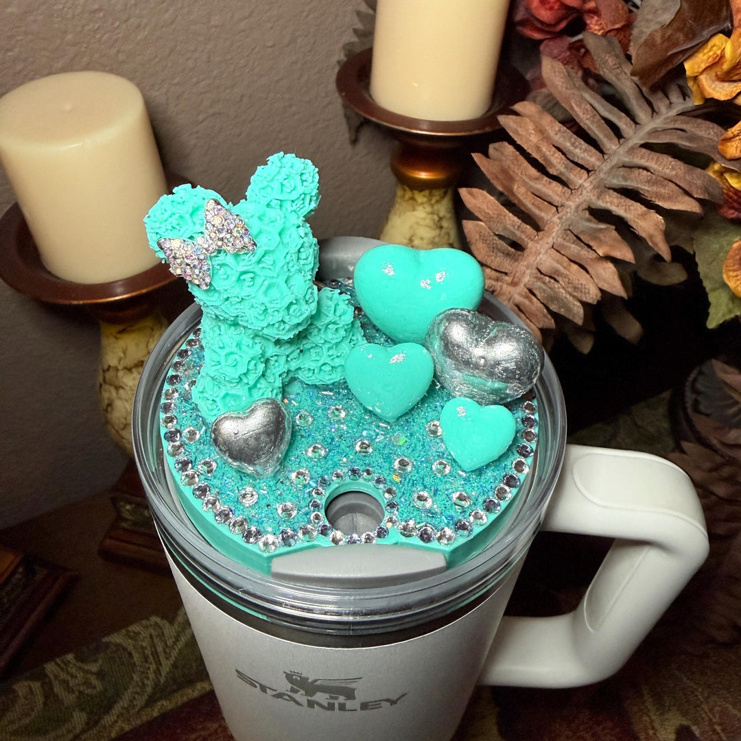 Fancy Rose Bear and Hearts Rhinestone Tumbler Topper fits Stanley Lids, custom color options