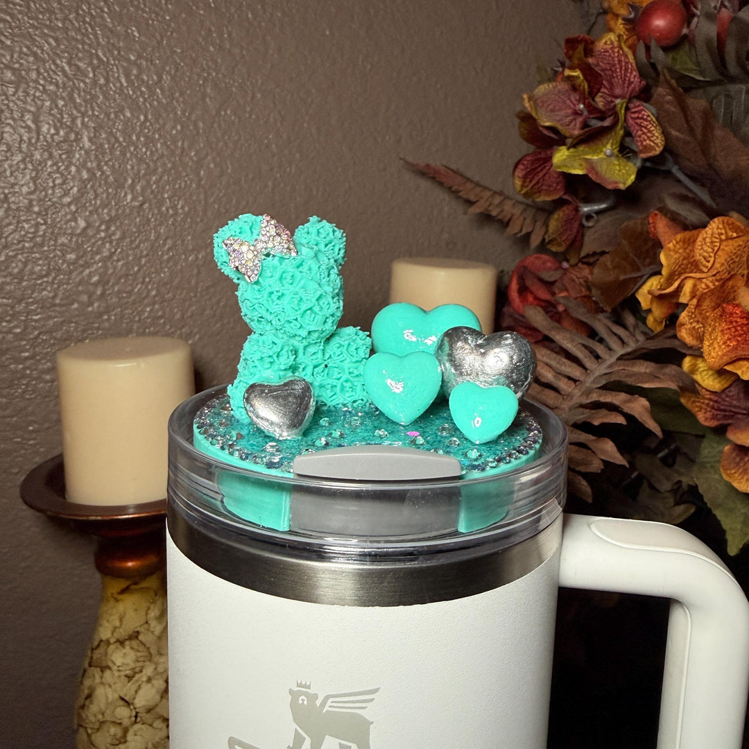 Fancy Rose Bear and Hearts Rhinestone Tumbler Topper fits Stanley Lids, custom color options