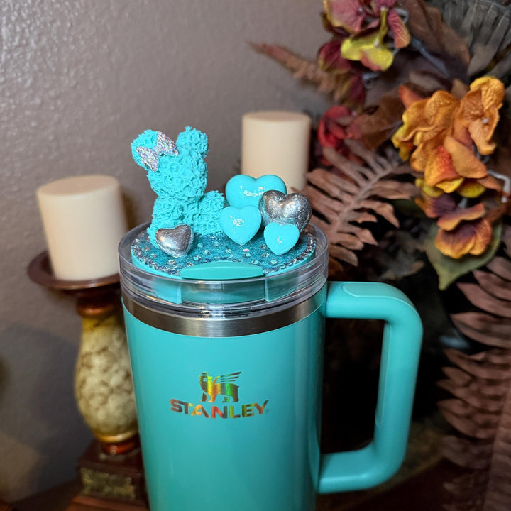Fancy Rose Bear and Hearts Rhinestone Tumbler Topper fits Stanley Lids, custom color options