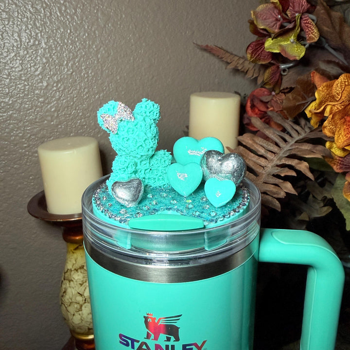 Fancy Rose Bear and Hearts Rhinestone Tumbler Topper fits Stanley Lids, custom color options