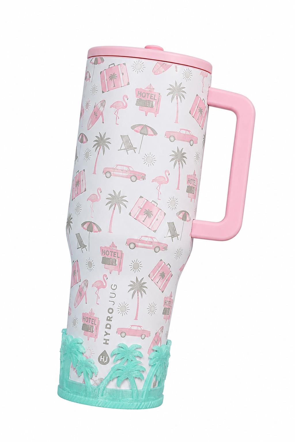 Beach Road Trip Cabana Flamingo Palm Tree Tumbler Boot, Unique Gift, Hydrojug, Stanley, multiple color