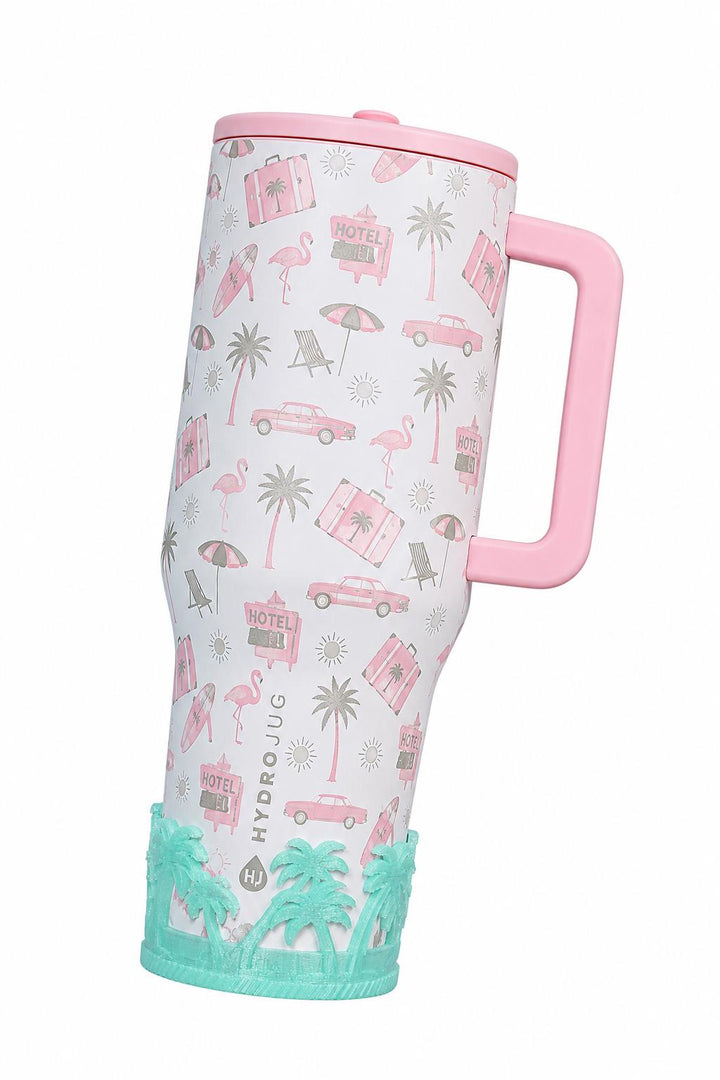 Beach Road Trip Cabana Flamingo Palm Tree Tumbler Boot, Unique Gift, Hydrojug, Stanley, multiple color