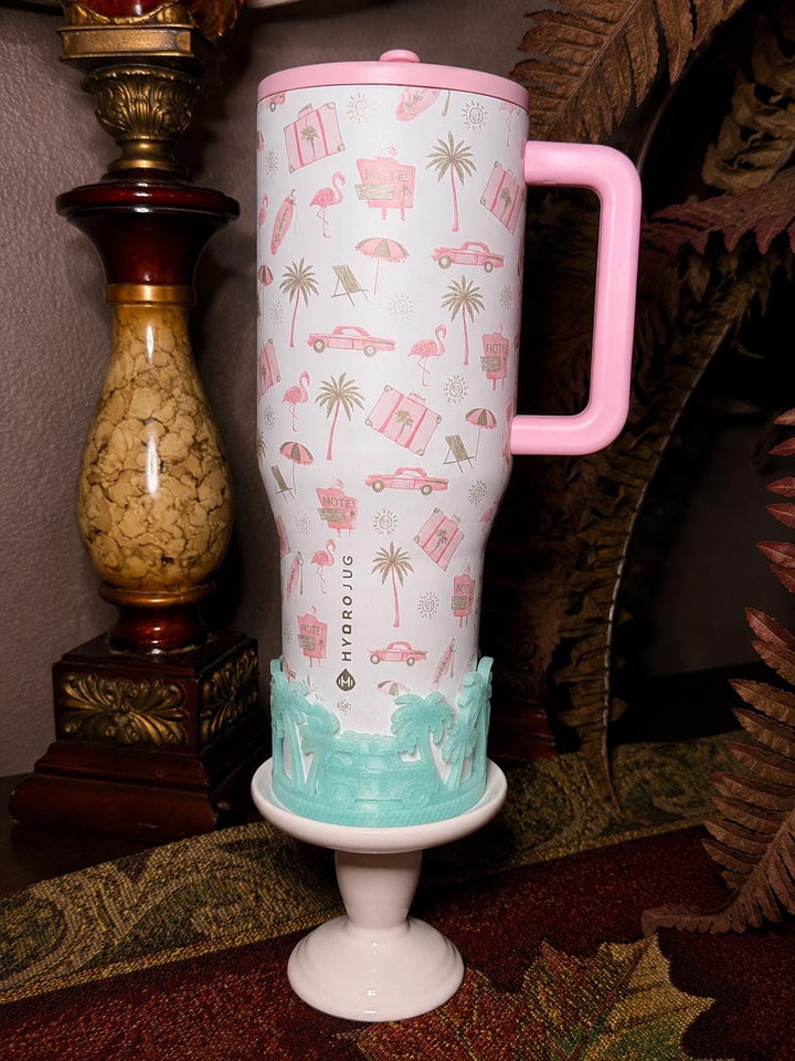 Beach Road Trip Cabana Flamingo Palm Tree Tumbler Boot, Unique Gift, Hydrojug, Stanley, multiple color