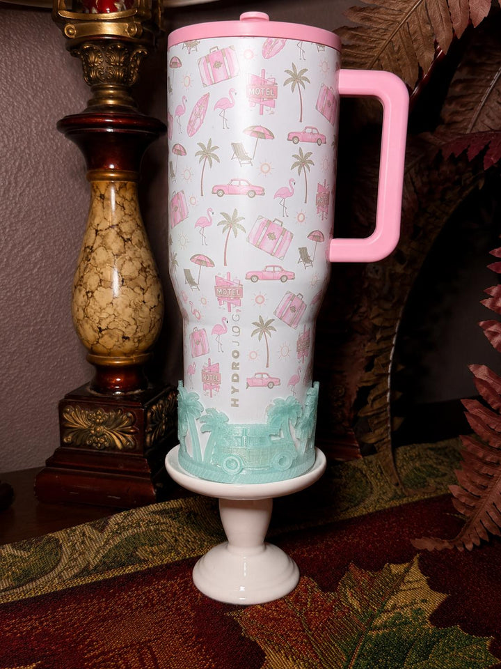 Beach Road Trip Cabana Flamingo Palm Tree Tumbler Boot, Unique Gift, Hydrojug, Stanley, multiple color