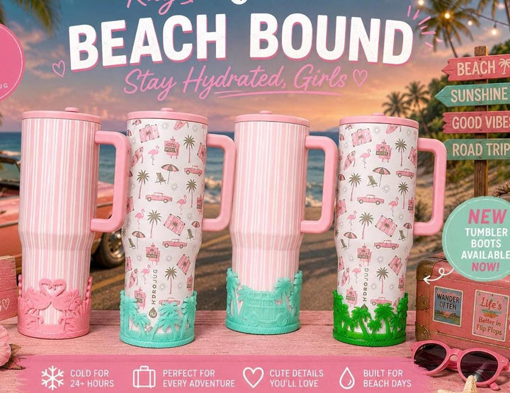 Beach Road Trip Cabana Flamingo Palm Tree Tumbler Boot, Unique Gift, Hydrojug, Stanley, multiple color