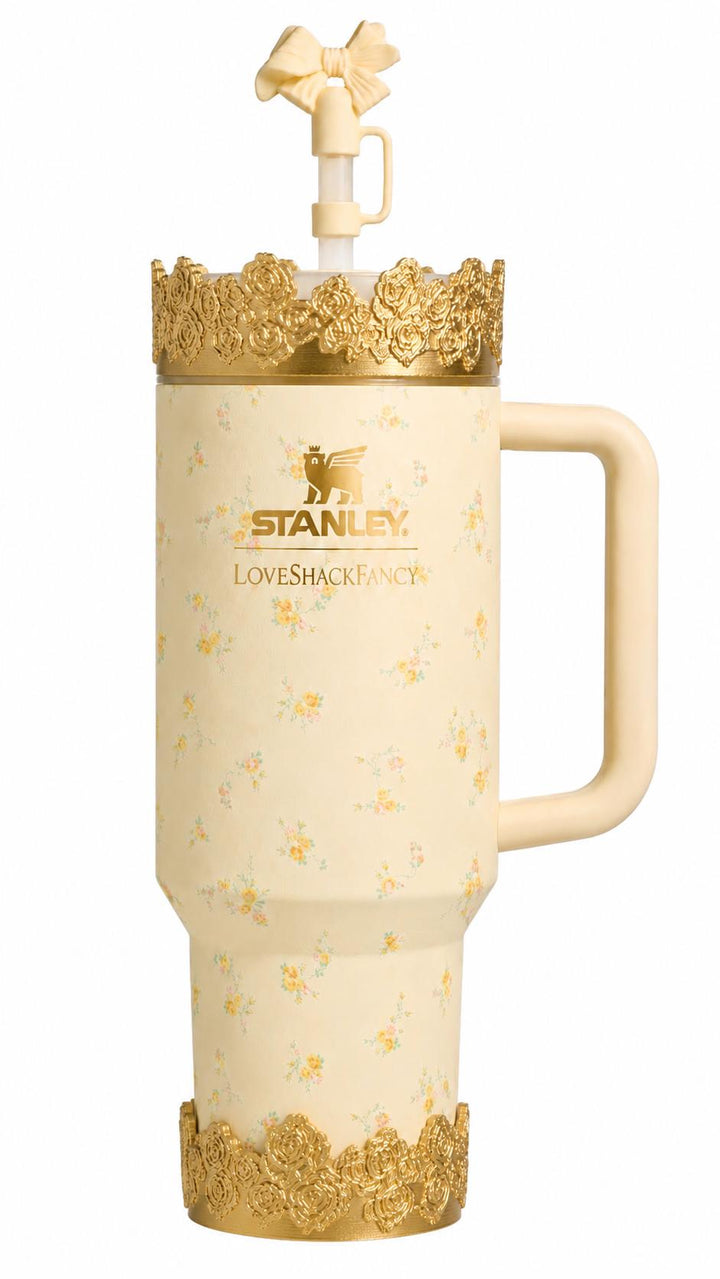 Gold Floral Tumbler Topper, boot or halo for the Love Shack Fancy Lemon Haze and Polaroid Pink Stanley Tumblers