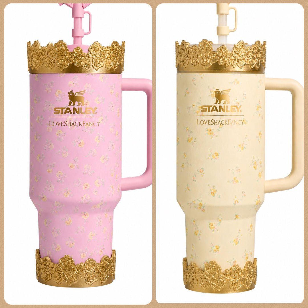 Gold Floral Tumbler Topper, boot or halo for the Love Shack Fancy Lemon Haze and Polaroid Pink Stanley Tumblers