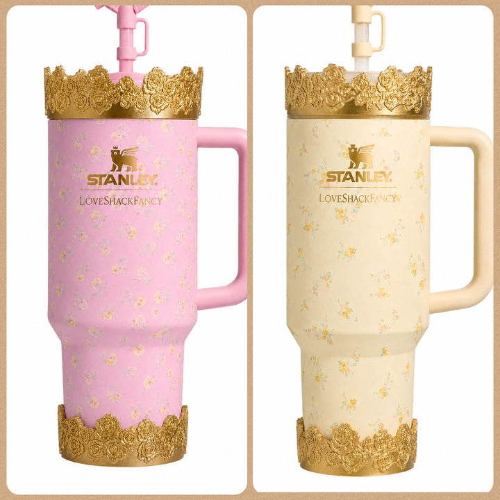 Gold Floral Tumbler Topper, boot or halo for the Love Shack Fancy Lemon Haze and Polaroid Pink Stanley Tumblers
