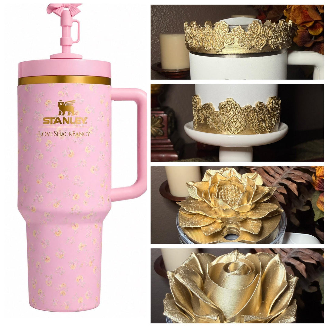 Gold Floral Tumbler Topper, boot or halo for the Love Shack Fancy Lemon Haze and Polaroid Pink Stanley Tumblers