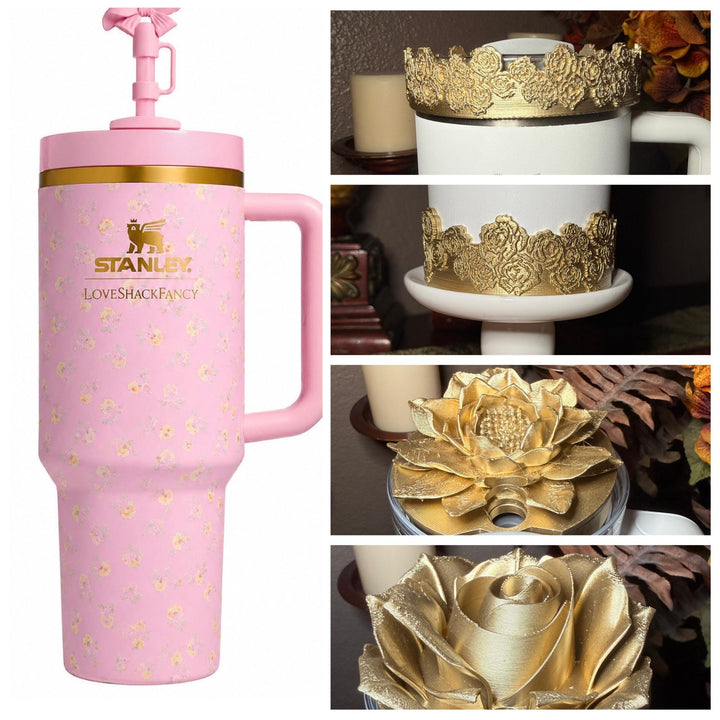 Gold Floral Tumbler Topper, boot or halo for the Love Shack Fancy Lemon Haze and Polaroid Pink Stanley Tumblers