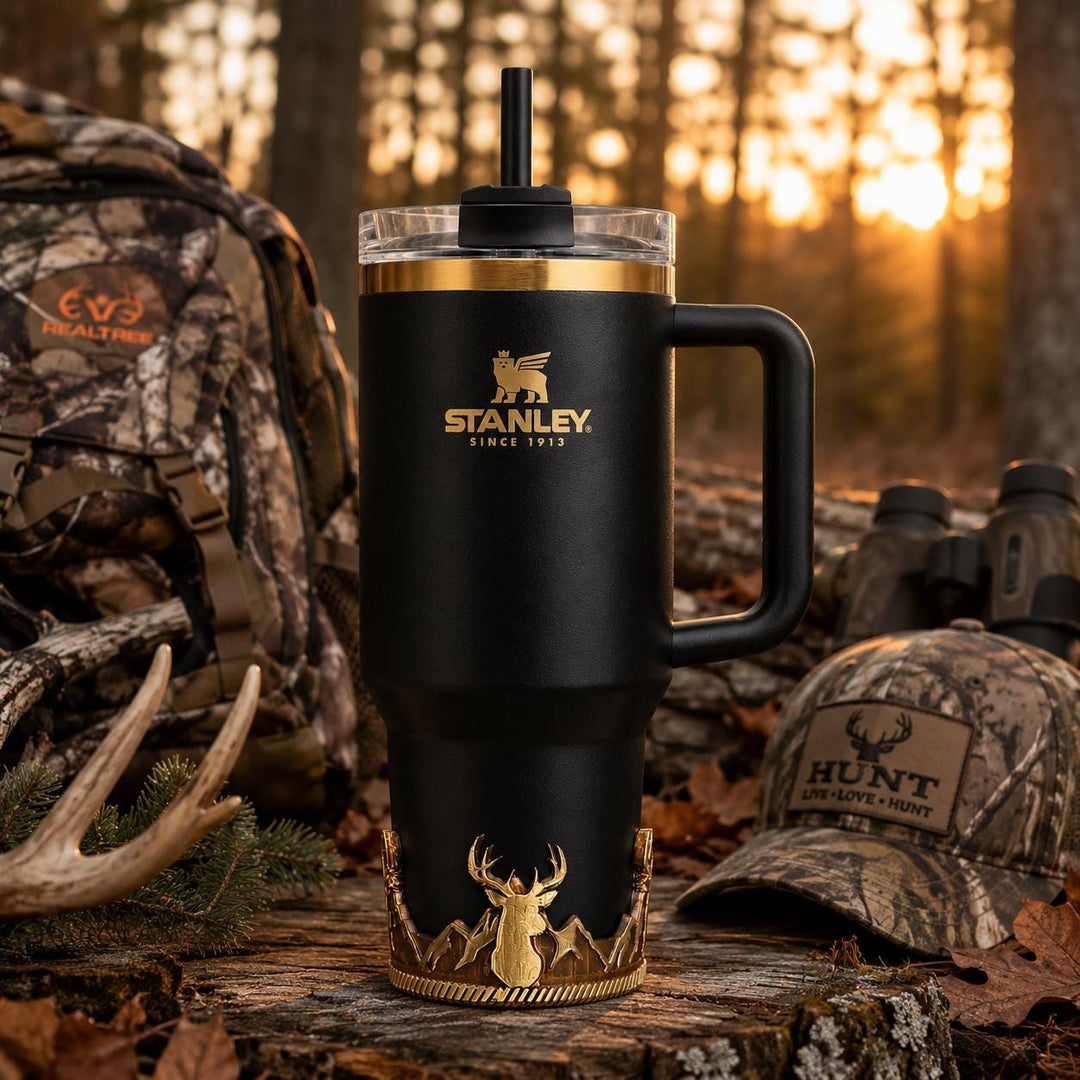 Deer Tumbler Boot, Fathers Day, fits your Stanley, Hydrojug, Coldest Tumblers and others, Unique Gift, brown and gold matching colors