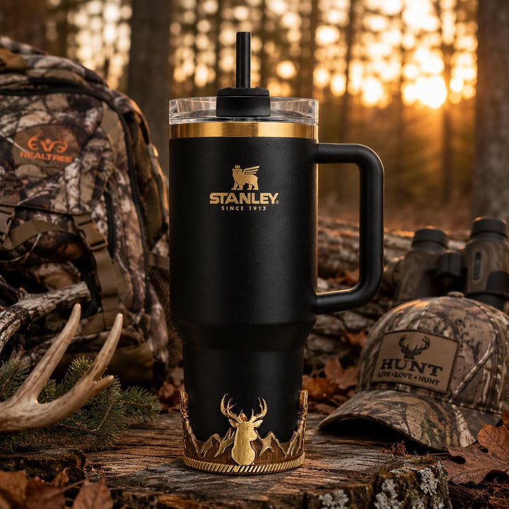 Deer Tumbler Boot, Fathers Day, fits your Stanley, Hydrojug, Coldest Tumblers and others, Unique Gift, brown and gold matching colors