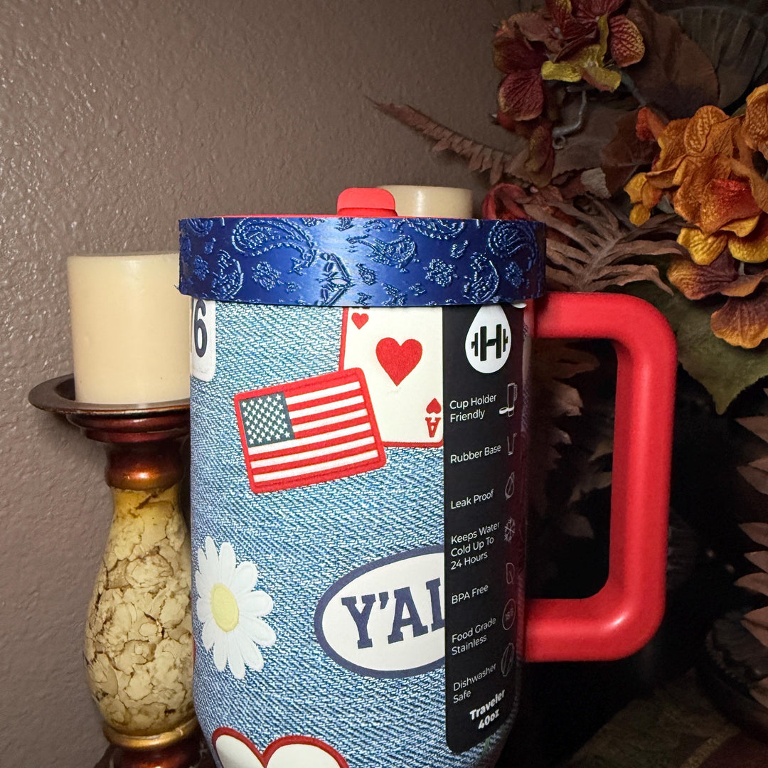 American Honey Red Blue Tumbler Boot or halo, fits 32 or 40 oz Hydrojug Tumbler, Cup Boot Sleeve, bandana paisly print