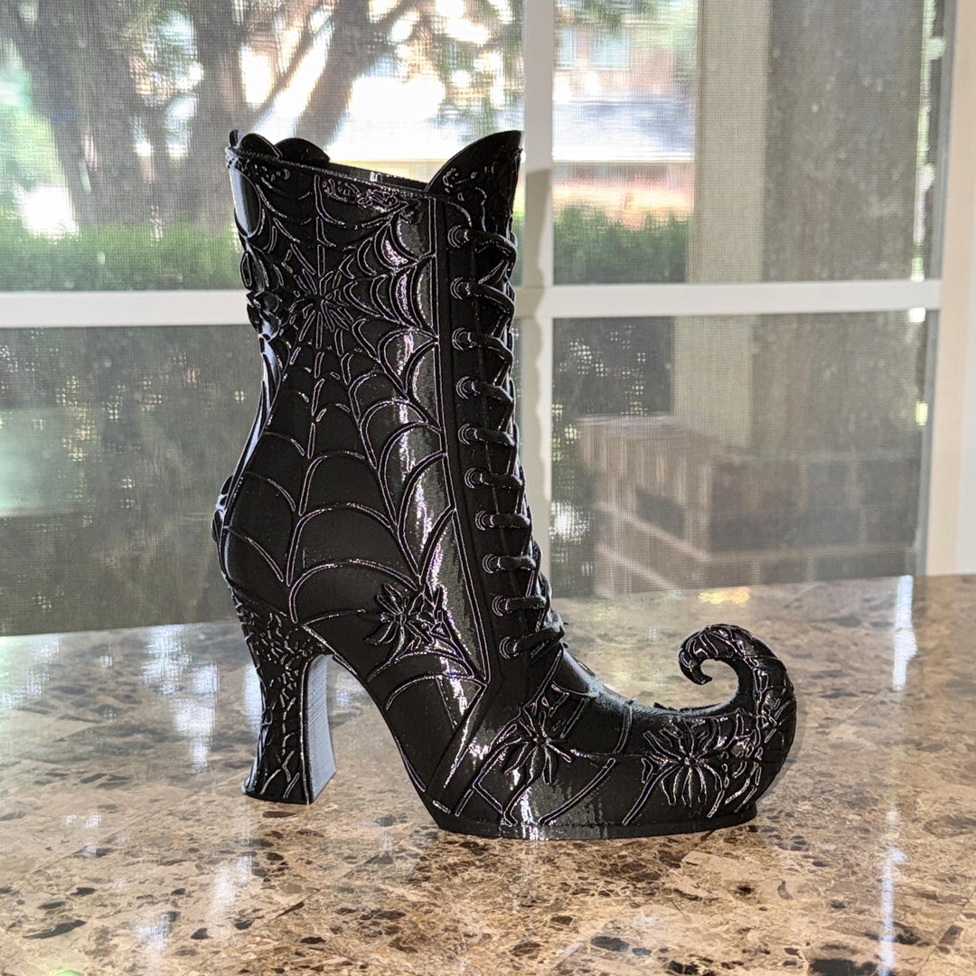 Curly Toe Witch Boot Vase, Gothic Spiderweb Decor, 3D Printed Black Halloween Shelf Decor, Witchy Curled Boot Floral Vase, Dark Home Accent