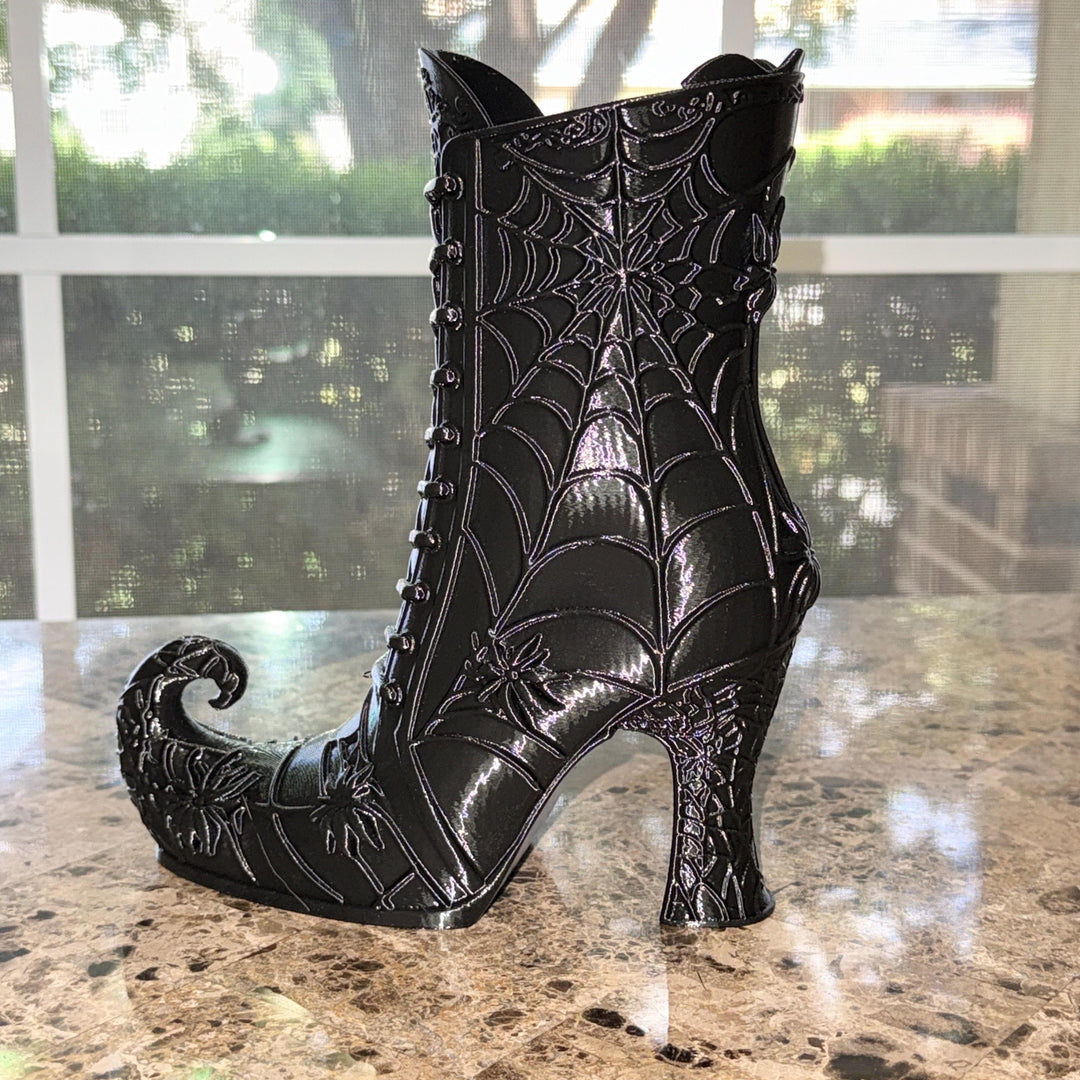 Curly Toe Witch Boot Vase, Gothic Spiderweb Decor, 3D Printed Black Halloween Shelf Decor, Witchy Curled Boot Floral Vase, Dark Home Accent
