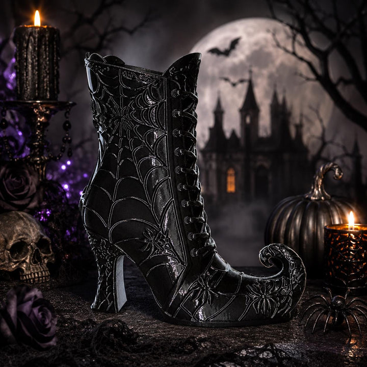 Curly Toe Witch Boot Vase, Gothic Spiderweb Decor, 3D Printed Black Halloween Shelf Decor, Witchy Curled Boot Floral Vase, Dark Home Accent