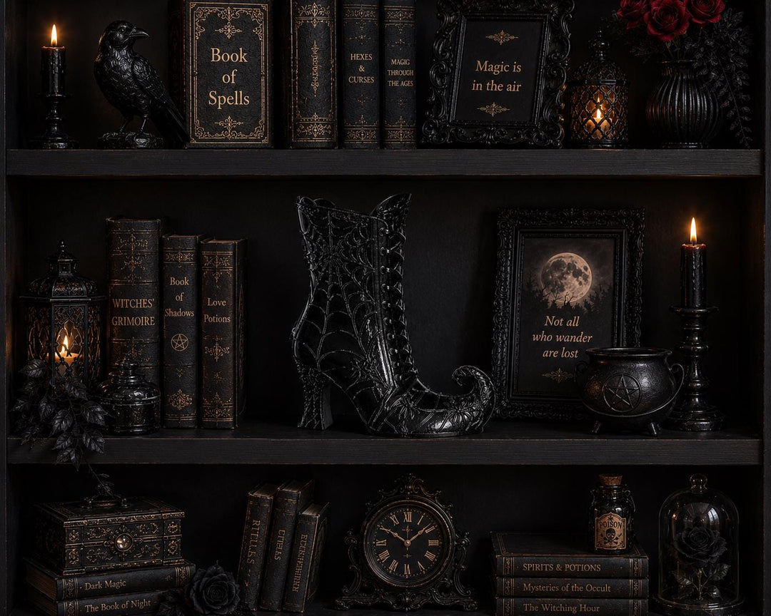 Curly Toe Witch Boot Vase, Gothic Spiderweb Decor, 3D Printed Black Halloween Shelf Decor, Witchy Curled Boot Floral Vase, Dark Home Accent