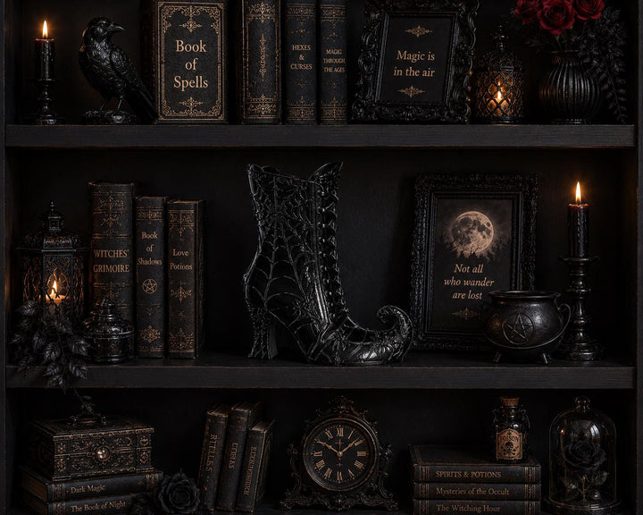 Curly Toe Witch Boot Vase, Gothic Spiderweb Decor, 3D Printed Black Halloween Shelf Decor, Witchy Curled Boot Floral Vase, Dark Home Accent