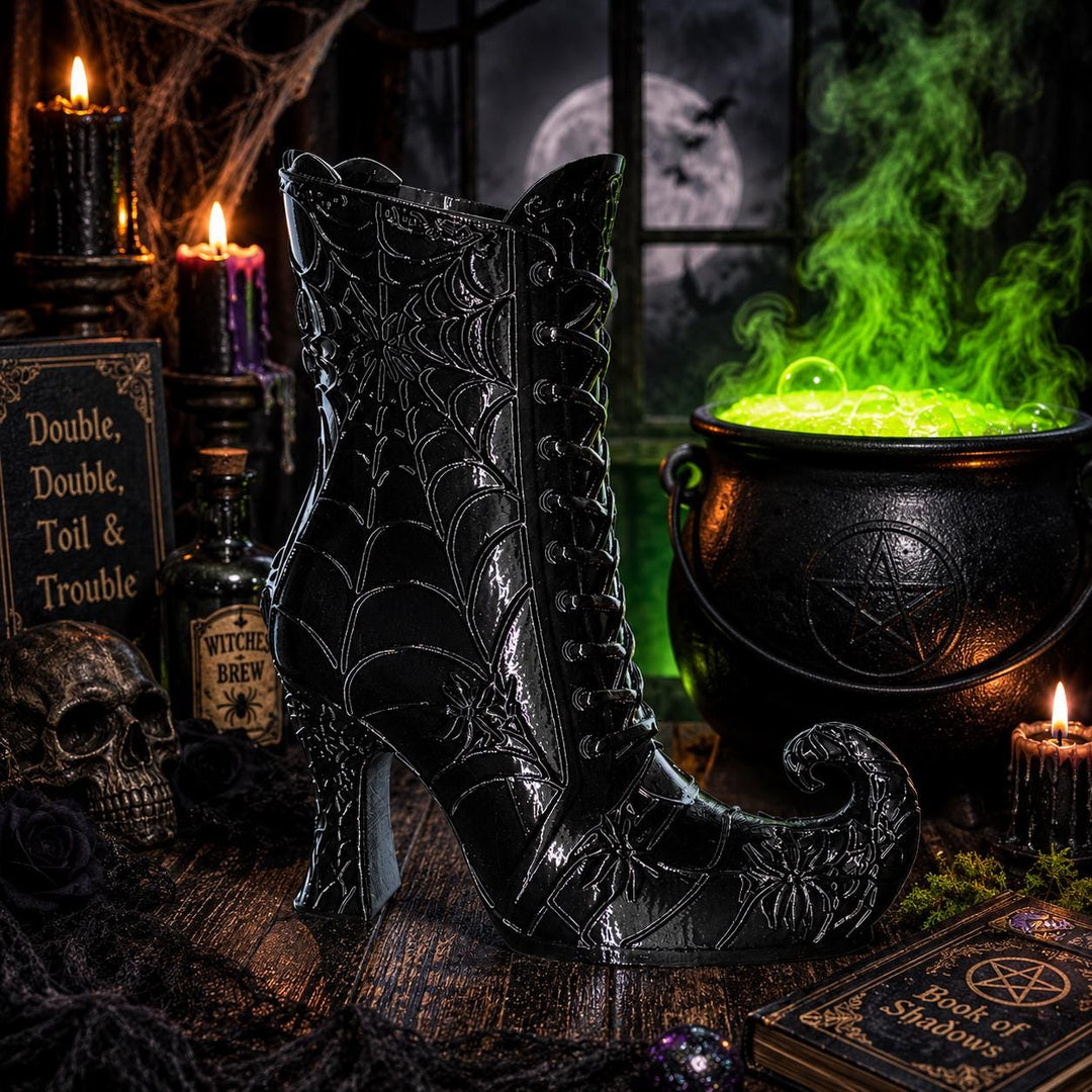 Curly Toe Witch Boot Vase, Gothic Spiderweb Decor, 3D Printed Black Halloween Shelf Decor, Witchy Curled Boot Floral Vase, Dark Home Accent