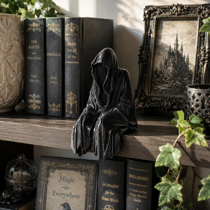 Dark Phantom Grim Reaper Shelf Sitter, Hooded Gothic Figurine, 3D Printed Ghost Decor, Dark Academia Bookshelf Accent, Halloween gift