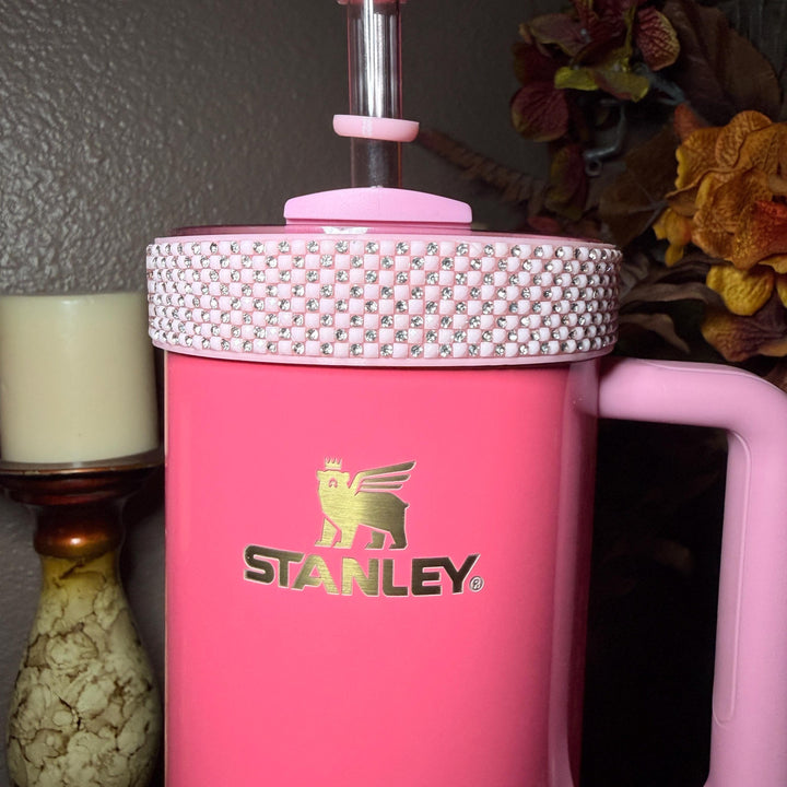 Pink and Silver Quilt Flat Fancy Rhinestone Tumbler collar halo boot, fits Stanley and Coldest, tumbler accessories