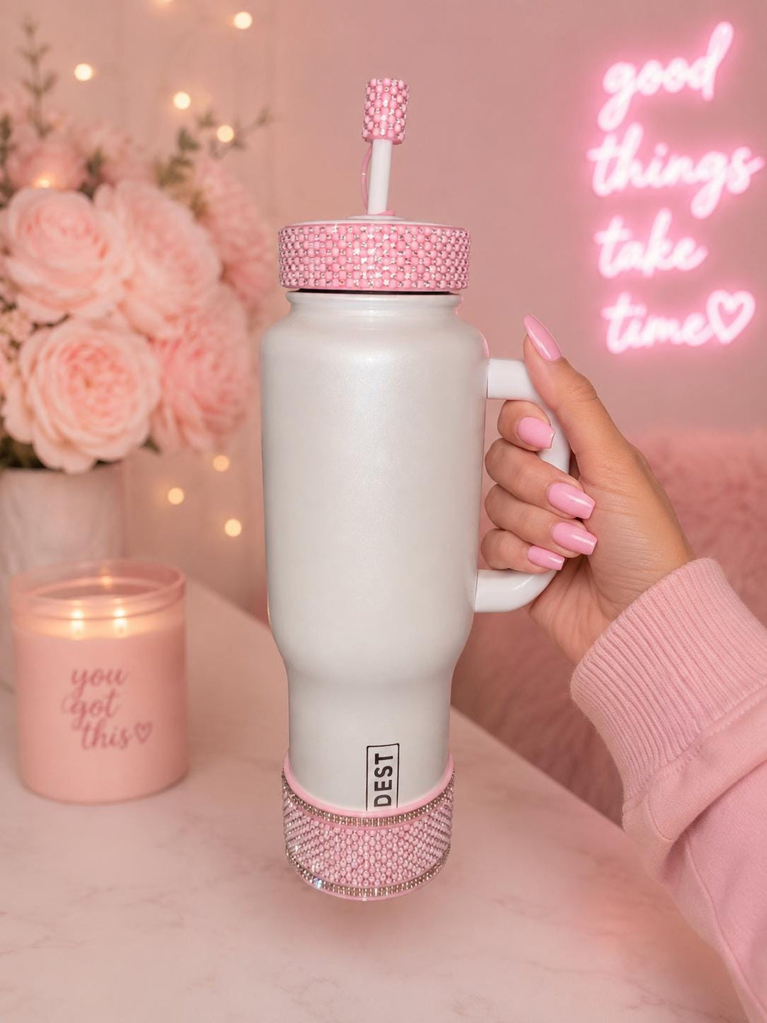 Pink and Silver Quilt Flat Fancy Rhinestone Tumbler collar halo boot, fits Stanley and Coldest, tumbler accessories