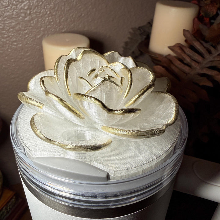 Stunning Translucent Magnolia with Gold Tips Tumbler Topper, fits Stanley tumbler lids
