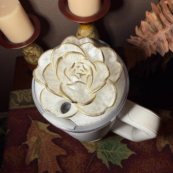 Stunning Translucent Magnolia with Gold Tips Tumbler Topper, fits Stanley tumbler lids