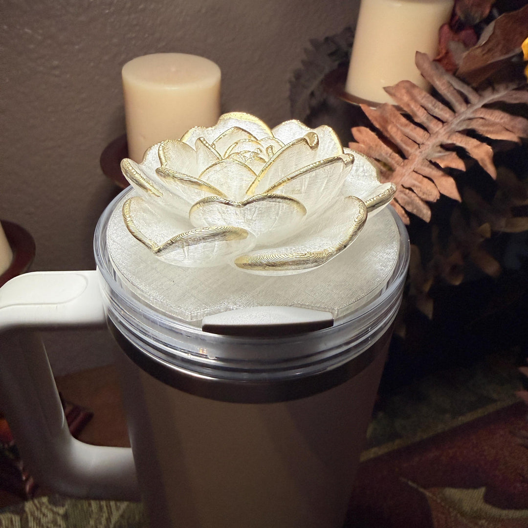 Stunning Translucent Magnolia with Gold Tips Tumbler Topper, fits Stanley tumbler lids