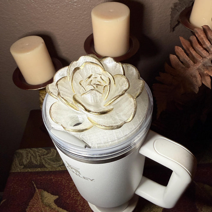 Stunning Translucent Magnolia with Gold Tips Tumbler Topper, fits Stanley tumbler lids